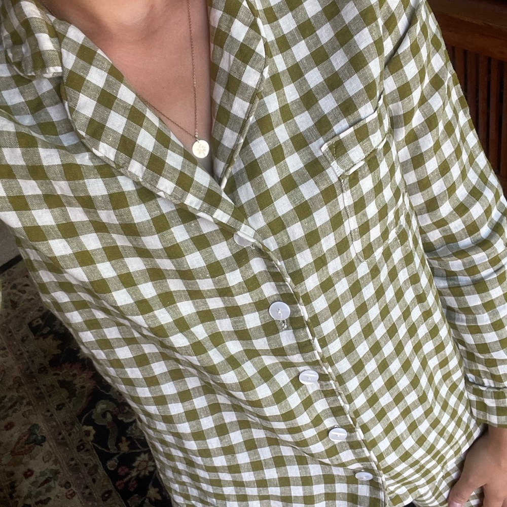 Green and White gingham Women's Pajama Set 100% European Linen (Piglet in Bed)